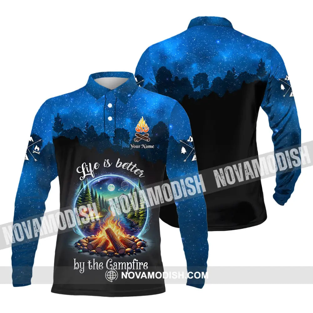 Unisex Shirt Custom Name Camping Polo Long Sleeve Campfire T-Shirt / S T-Shirt