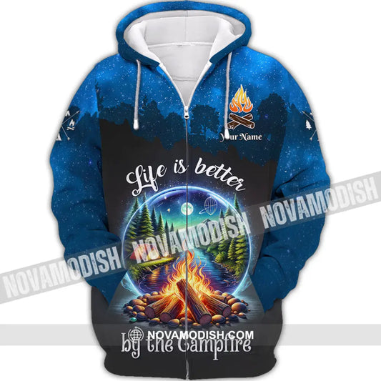 Unisex Shirt Custom Name Camping Polo Long Sleeve Campfire T-Shirt Zipper Hoodie / S T-Shirt