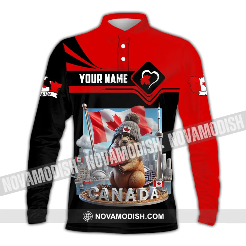 Unisex Shirt - Custom Name Canada Icons Long Sleeve Polo / S T-Shirt