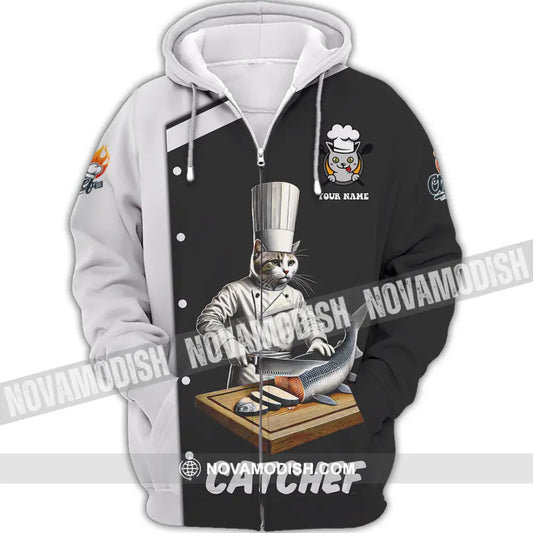 Unisex Shirt Custom Name Cat Chef Polo Long Sleeve Zipper Hoodie / S T-Shirt