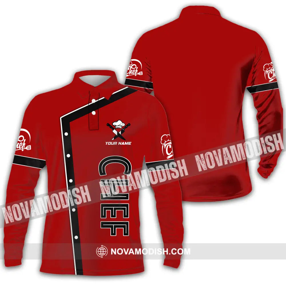 Unisex Shirt - Custom Name Chef Shirt Classic Red Chef Shirt Long Sleeve Polo / S T-shirt