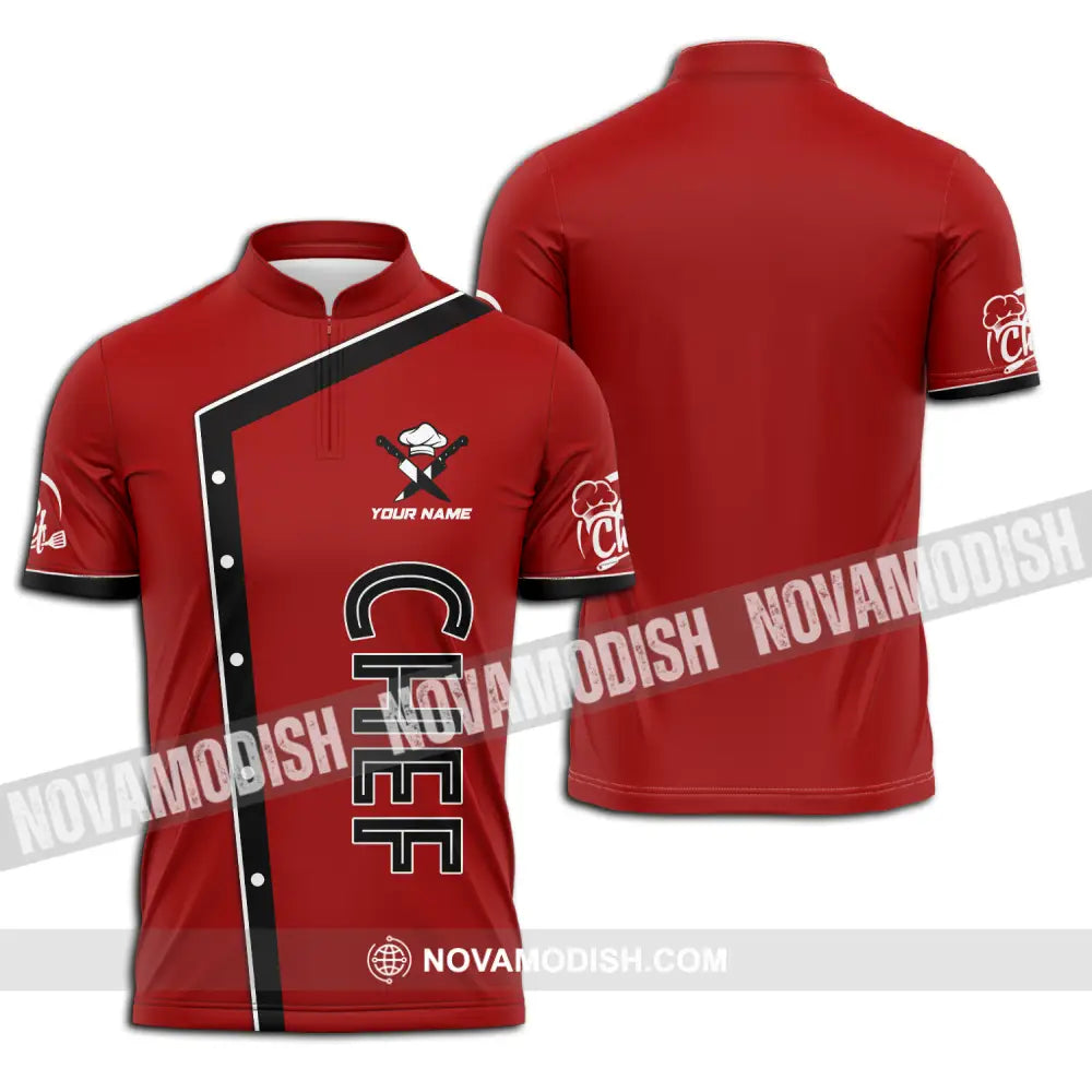 Unisex Shirt - Custom Name Chef Shirt Classic Red Chef Shirt Zipper Polo Shirt / S T-shirt