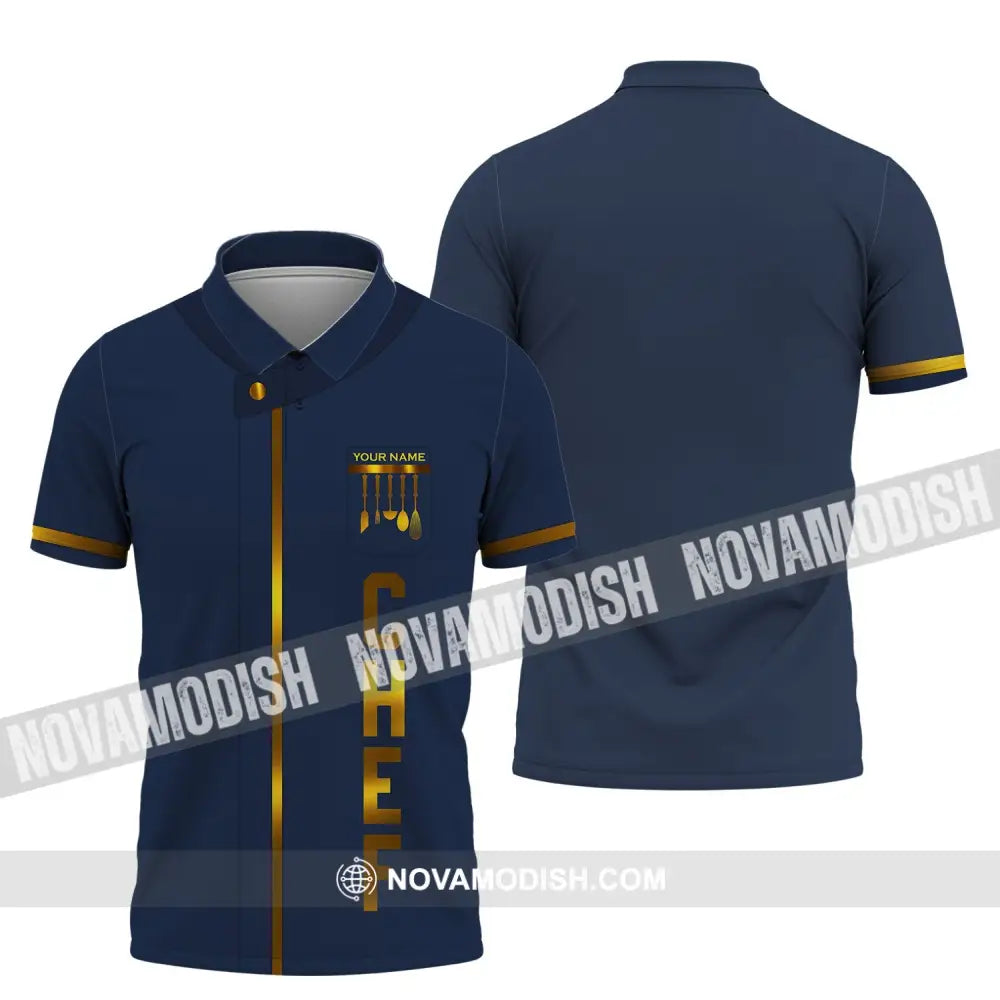 Unisex Shirt - Custom Name Shirt - Chef Dark Blue And Gold Line Shirt Polo Shirt / S T-shirt