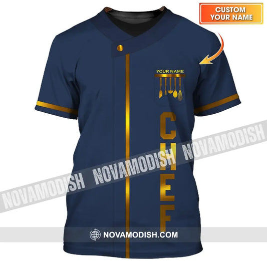 Unisex Shirt - Custom Name Shirt - Chef Dark Blue And Gold Line Shirt T-shirt