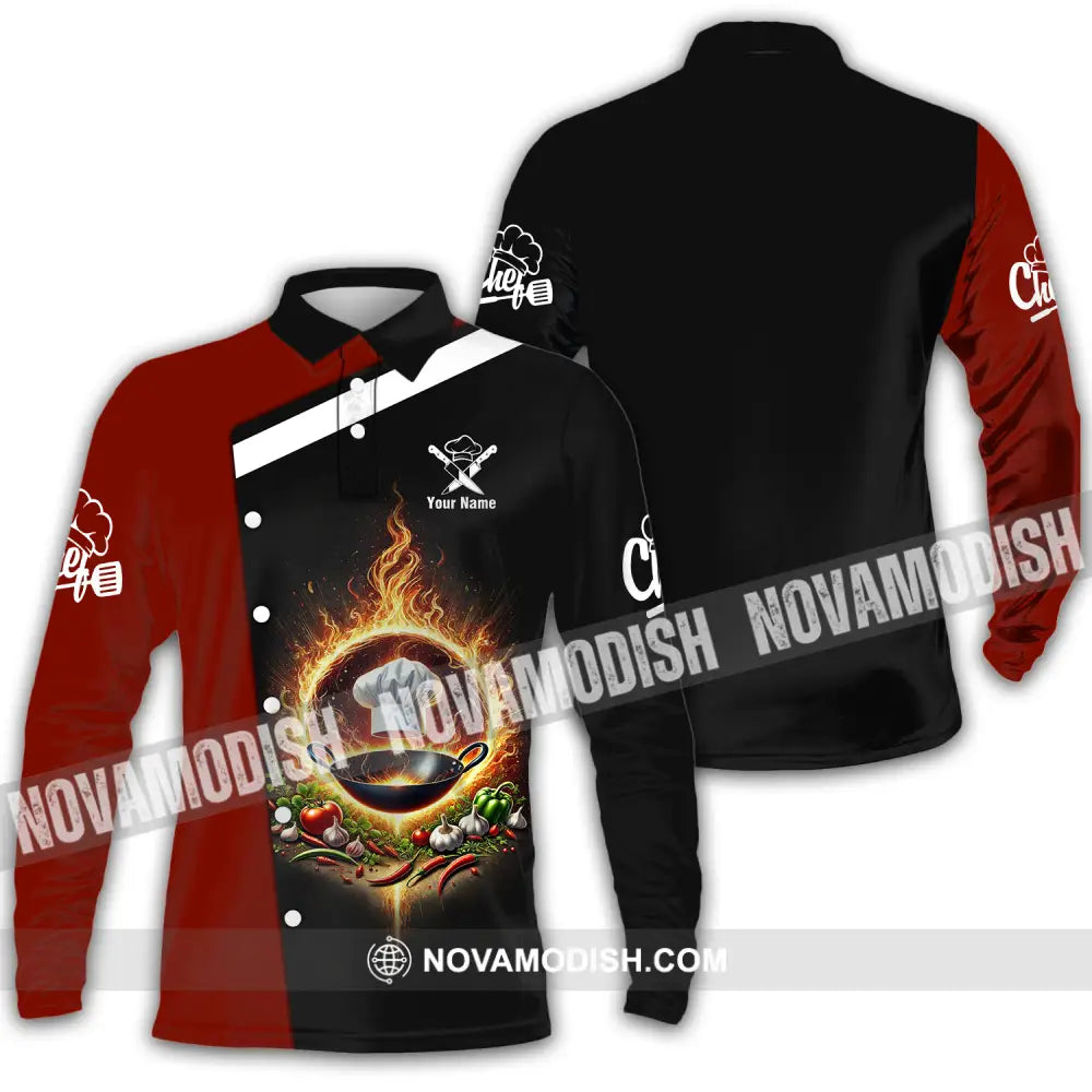 Unisex Shirt - Custom Name Chef Shirt Fire Pan Long Sleeve Polo / S T-shirt