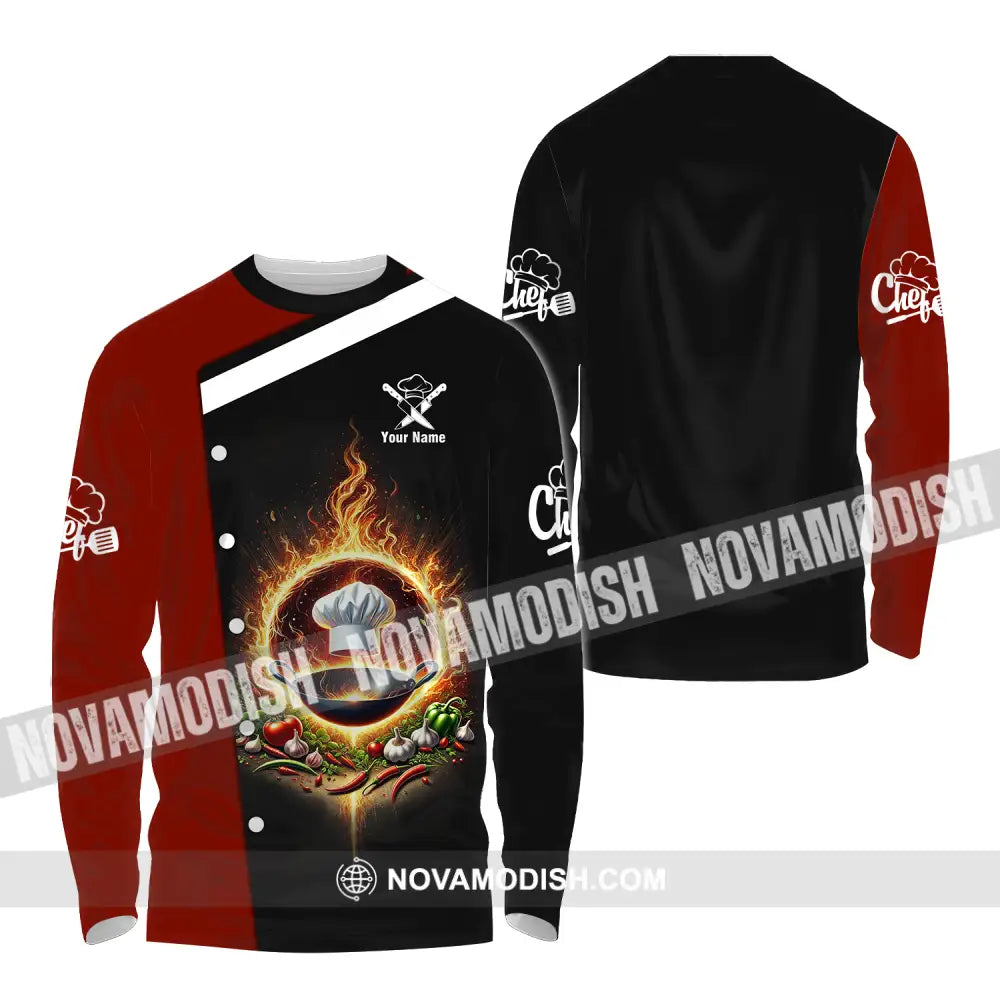 Unisex Shirt - Custom Name Chef Shirt Fire Pan Long Sleeve Shirt / S T-shirt