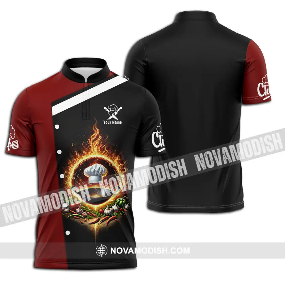 Unisex Shirt - Custom Name Chef Shirt Fire Pan Zipper Polo Shirt / S T-shirt