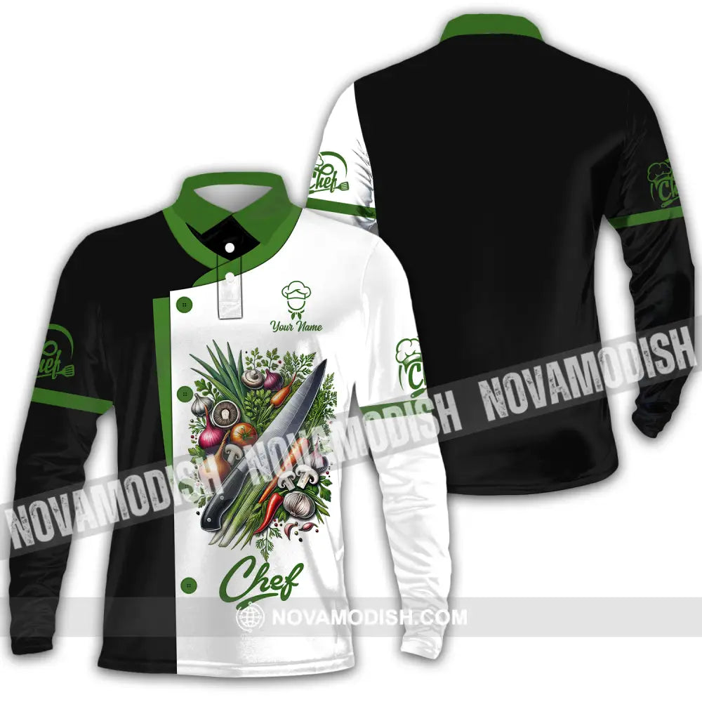 Unisex Shirt - Custom Name Chef Shirt Green Vegetables Long Sleeve Polo / S T-shirt