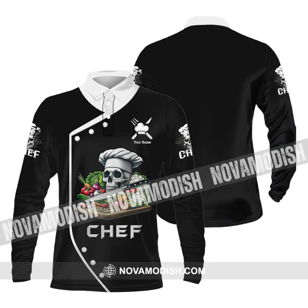 Unisex Shirt Custom Name Chef Skull Polo Long Sleeve Gift For Chefs / S T-Shirt