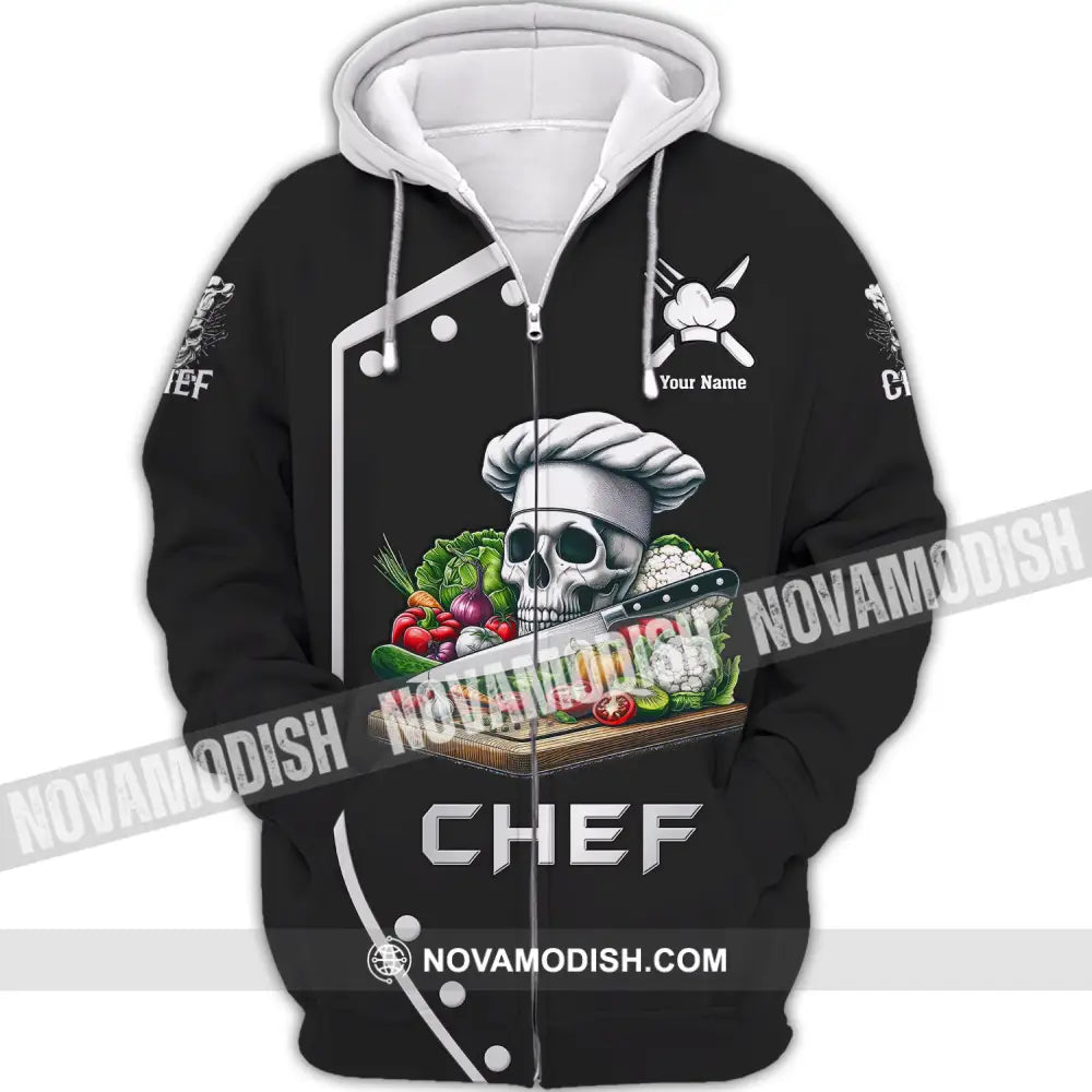 Unisex Shirt Custom Name Chef Skull Polo Long Sleeve Gift For Chefs Zipper Hoodie / S T-Shirt