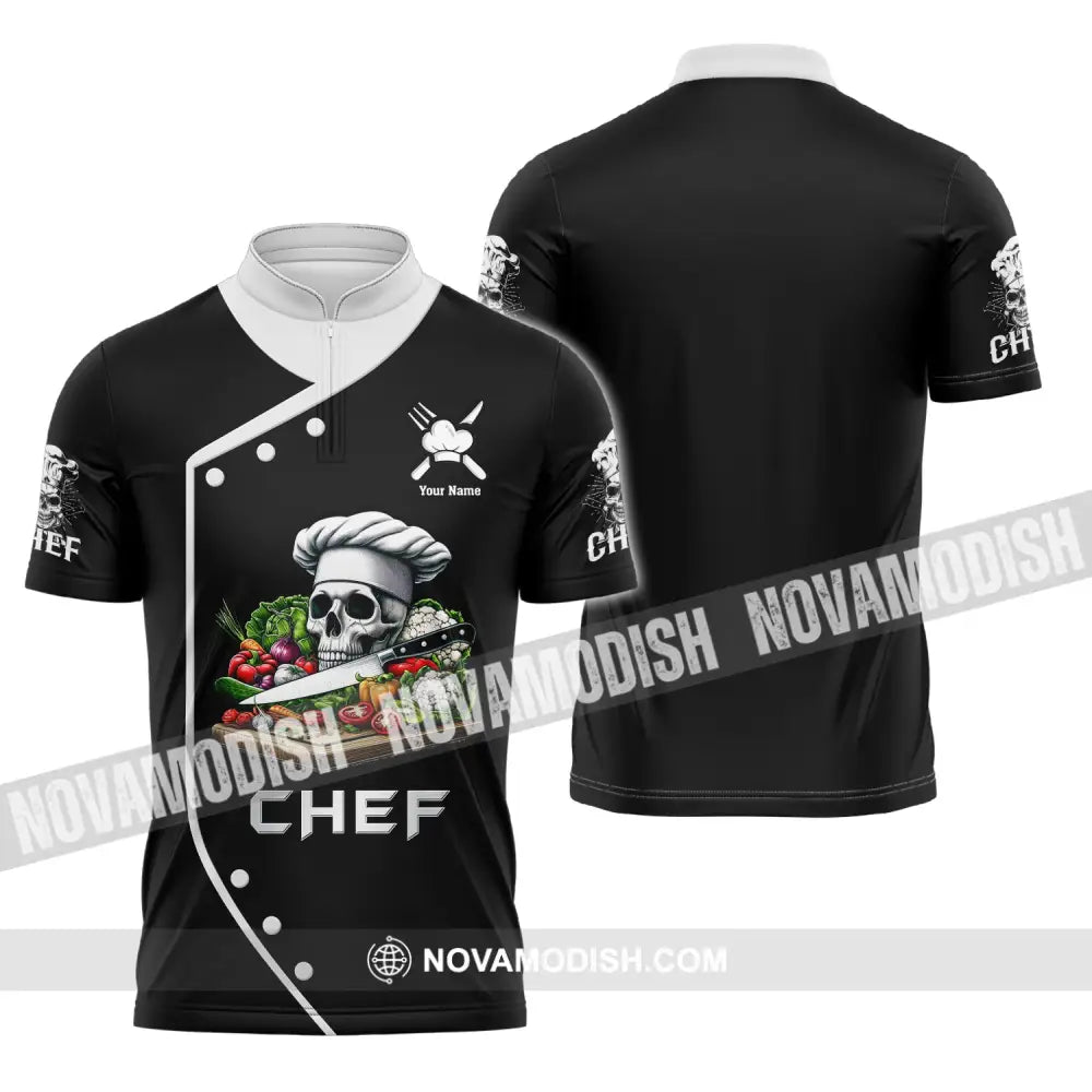 Unisex Shirt Custom Name Chef Skull Polo Long Sleeve Gift For Chefs Zipper / S T-Shirt