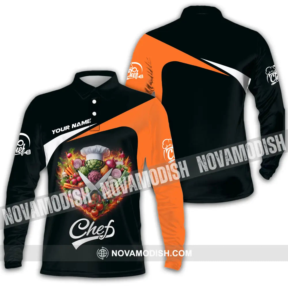 Unisex Shirt - Custom Name Chef Shirt Vegetables Black And Orange Shirt Long Sleeve Polo / S T-shirt