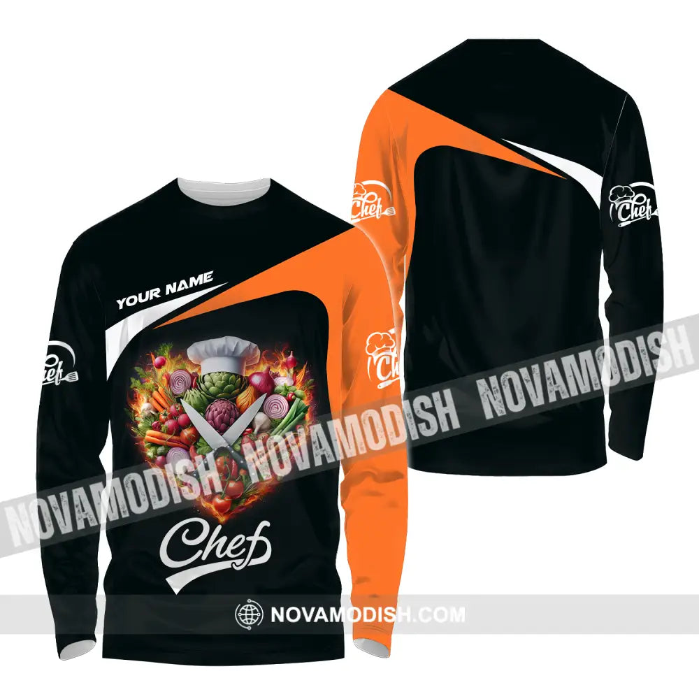 Unisex Shirt - Custom Name Chef Shirt Vegetables Black And Orange Shirt Long Sleeve Shirt / S T-shirt