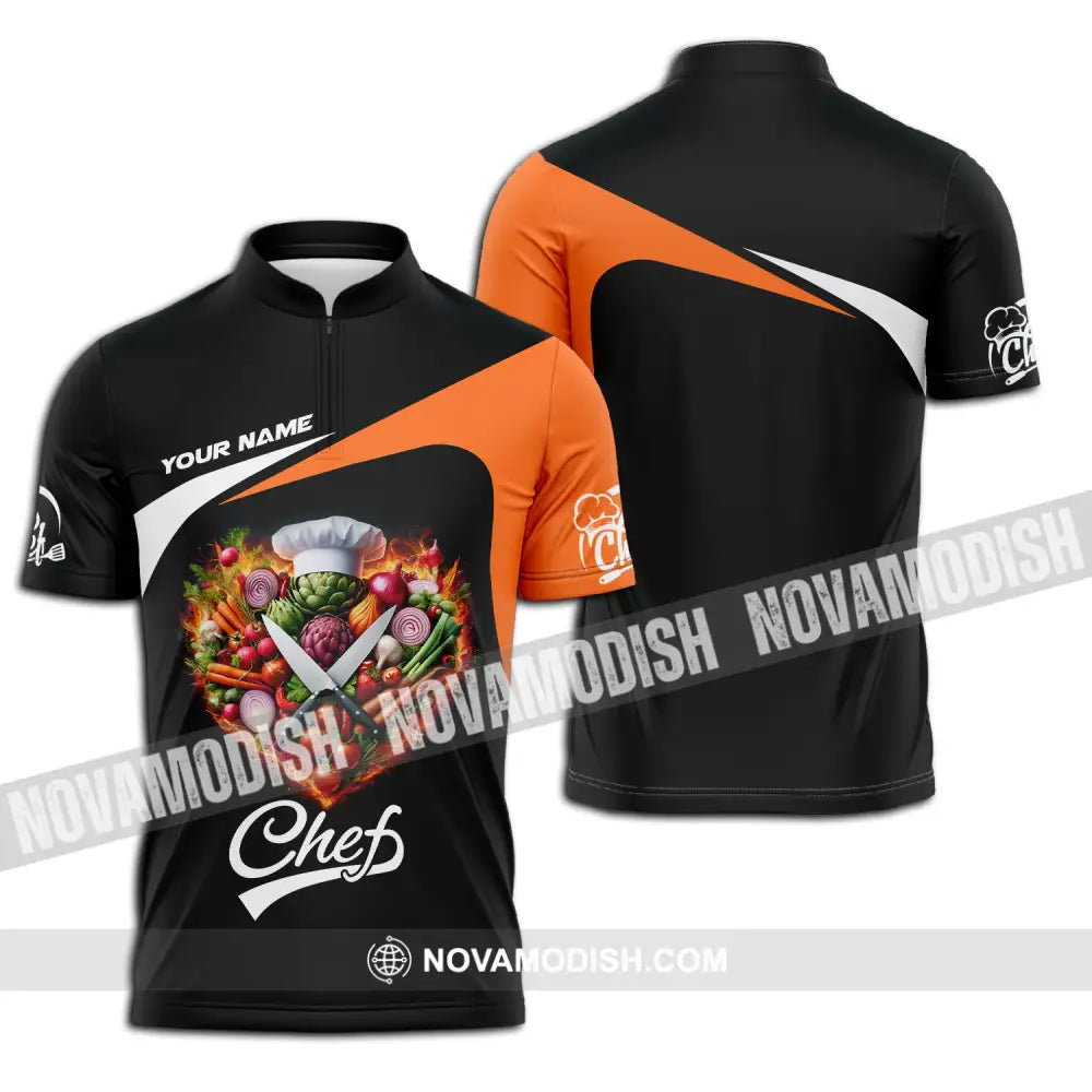 Unisex Shirt - Custom Name Chef Shirt Vegetables Black And Orange Shirt Zipper Polo Shirt / S T-shirt