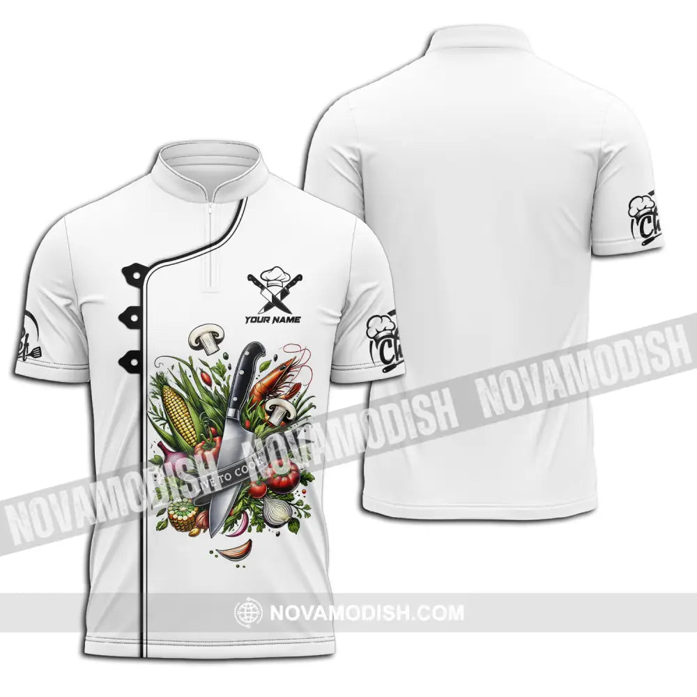 Unisex Shirt - Custom Name Chef Shirt Vegetables White Shirt Zipper Polo Shirt / S T-shirt