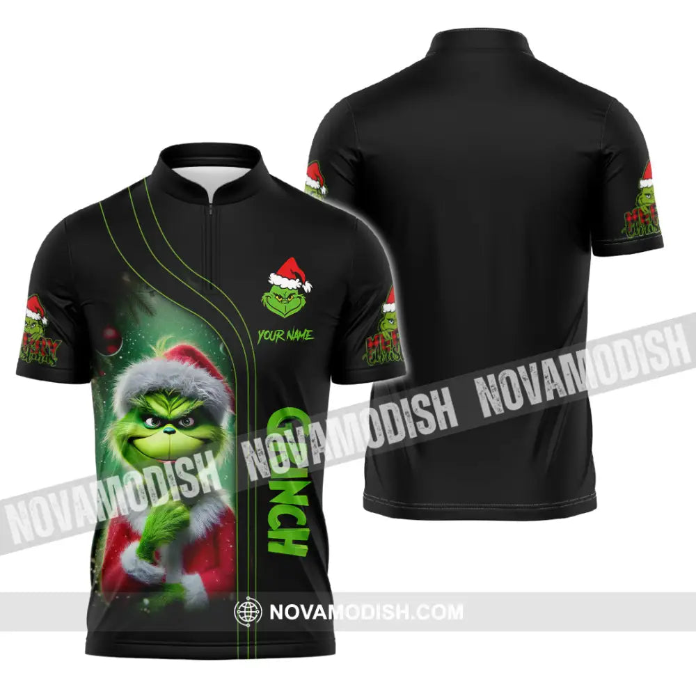 Unisex Shirt Custom Name Christmas Grinch Polo Long Sleeve Gift Zipper / S T-Shirt