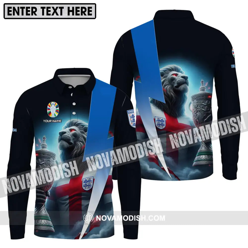Unisex Shirt - Custom Name Cup And Lion England Euro 2024 Team Shirt Long Sleeve Polo / S T-shirt