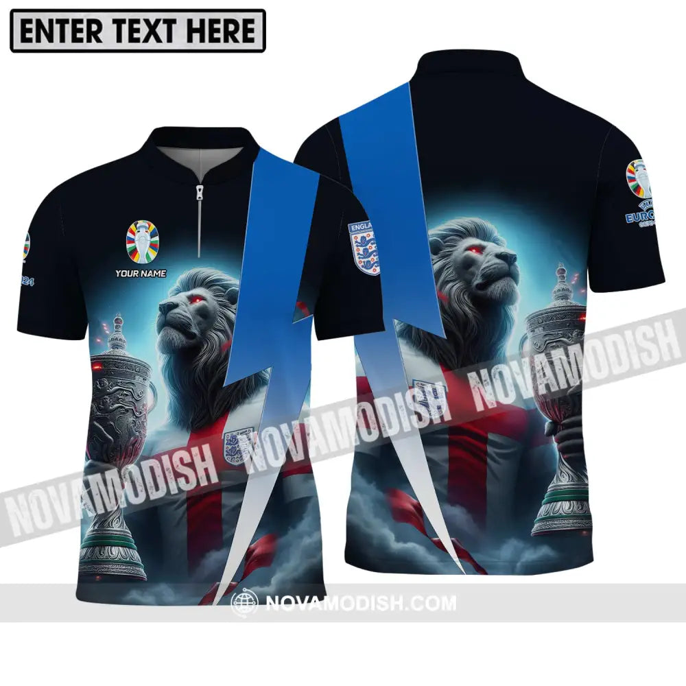Unisex Shirt - Custom Name Cup And Lion England Euro 2024 Team Shirt Zipper Polo Shirt / S T-shirt