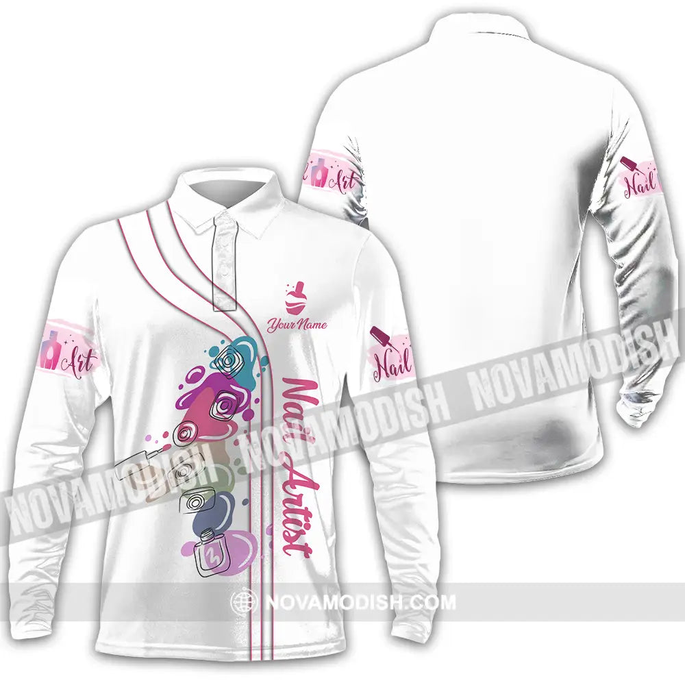 Unisex Shirt - Custom Name Shirt Cute Nails Artist Long Sleeve Polo / S T-shirt