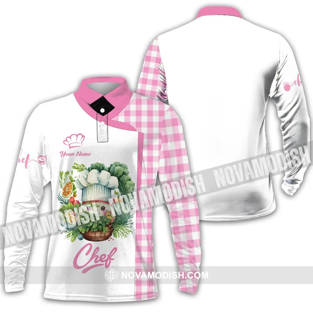 Unisex Shirt - Custom Name Cute Pink Chef Shirt Long Sleeve Polo / S T-shirt