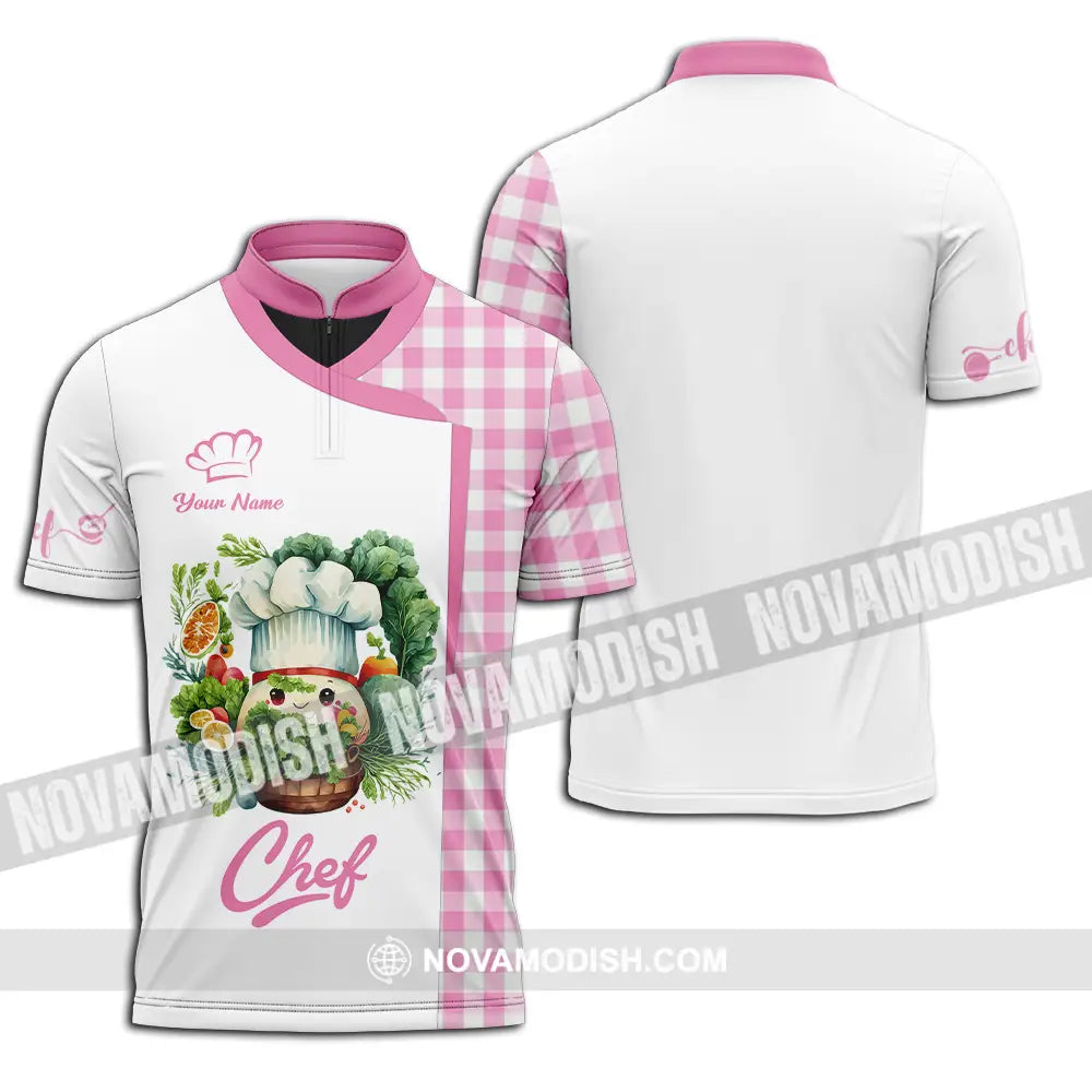 Unisex Shirt - Custom Name Cute Pink Chef Shirt Zipper Polo Shirt / S T-shirt