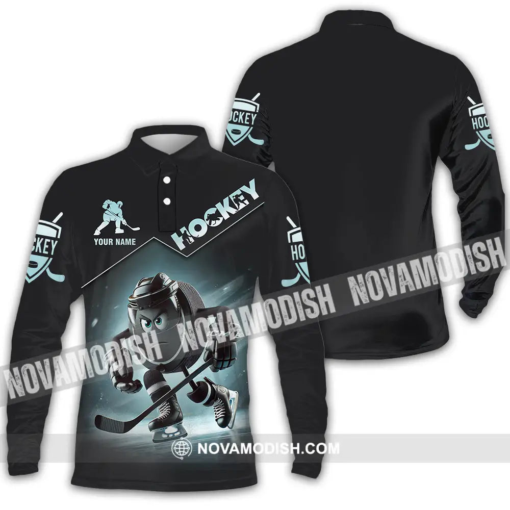 Unisex Shirt - Custom Name Dark Hockey Long Sleeve Polo / S T-Shirt