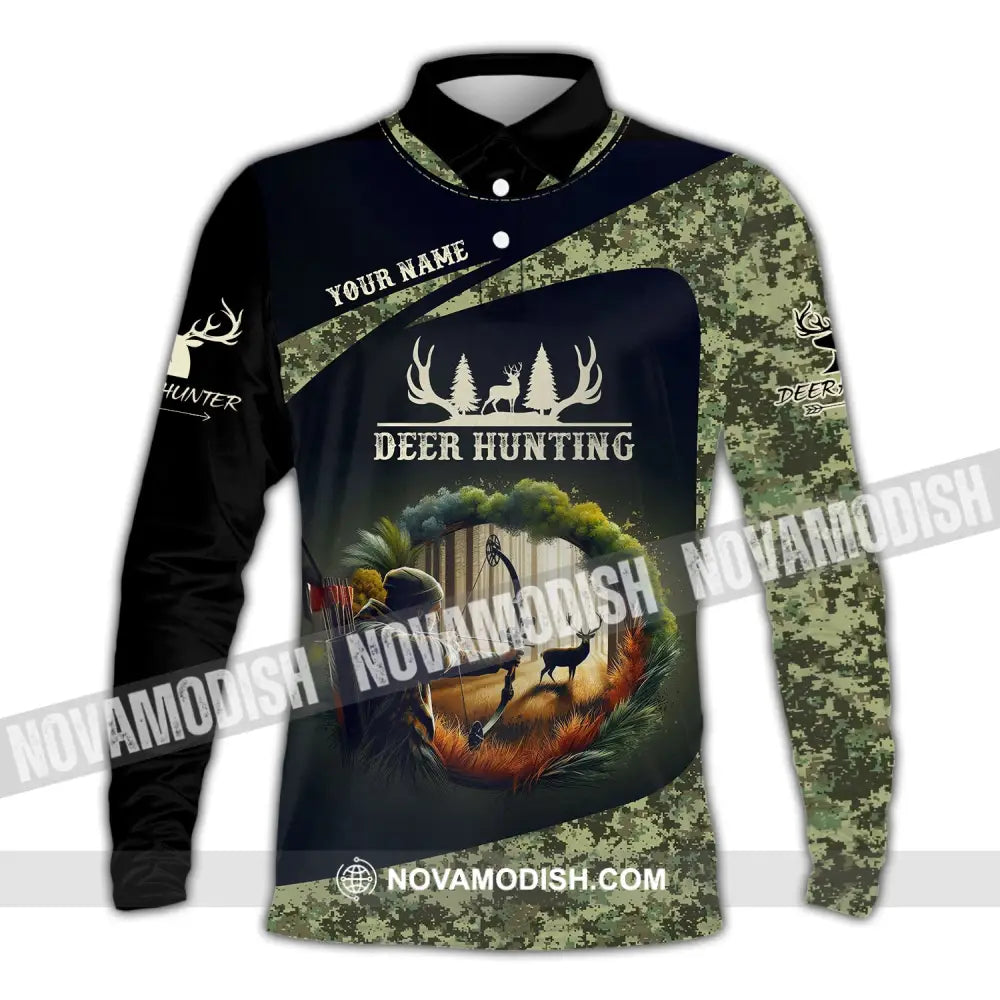 Unisex Shirt Custom Name Deer Hunter Hunting Polo Long Sleeve Animal T-Shirt / S