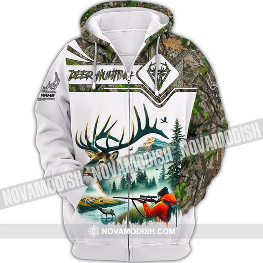 Unisex Shirt Custom Name Deer Hunter Hunting Polo Long Sleeve Animal T-Shirt Zipper Hoodie / S