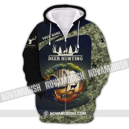 Unisex Shirt Custom Name Deer Hunter Hunting Polo Long Sleeve Animal T-Shirt Zipper Hoodie / S