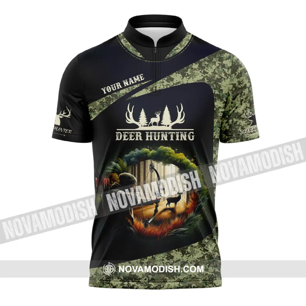 Unisex Shirt Custom Name Deer Hunter Hunting Polo Long Sleeve Animal T-Shirt Zipper / S