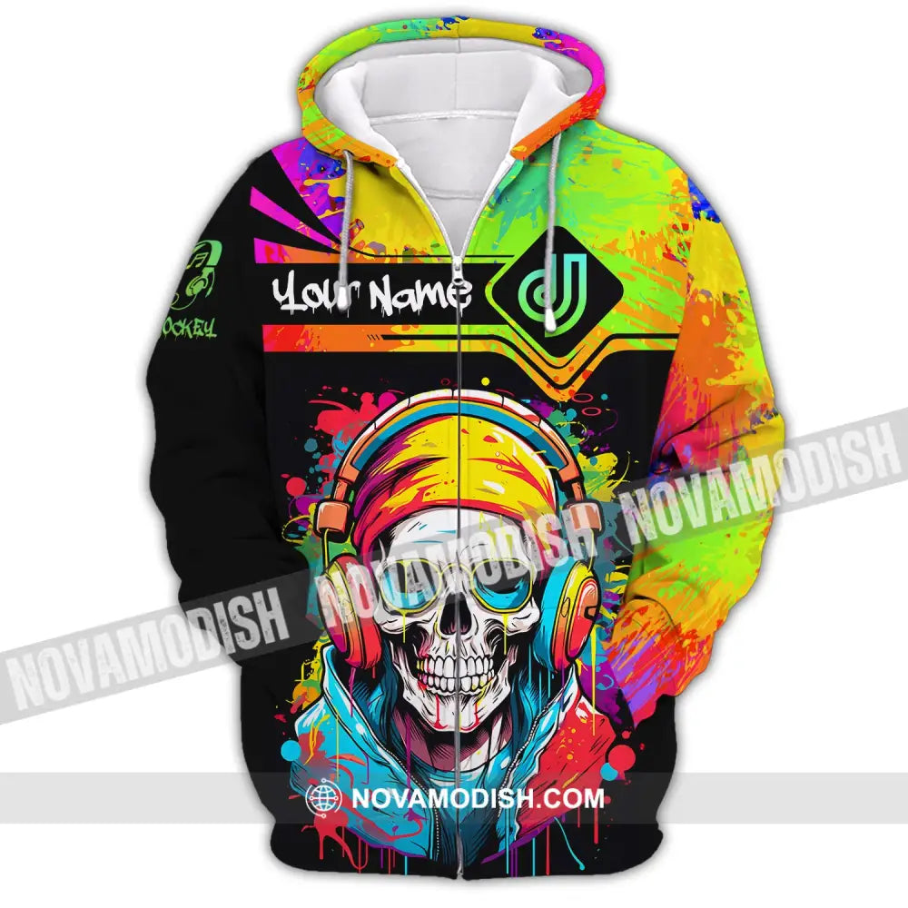 Unisex Shirt Custom Name Disc Jockey Dj Skull Hoodie Polo Long Sleeve Gift For Zipper / S T-Shirt