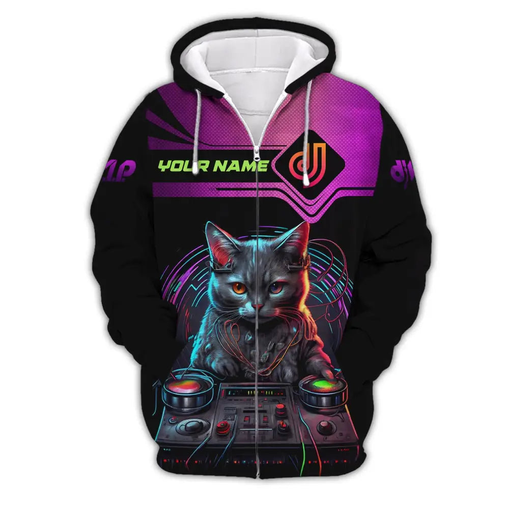 Unisex Shirt Custom Name Disc Jockey T-Shirt Dj Cat Gift For Zipper Hoodie / S