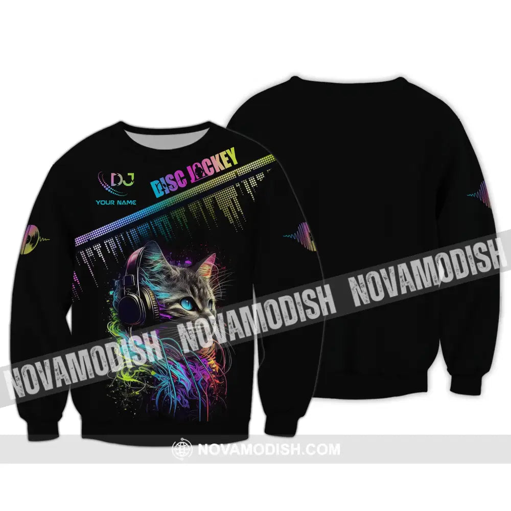 Unisex Shirt Custom Name Disc Jockey T-Shirt Music Lover Dj Cat Gift For Long Sleeve / S