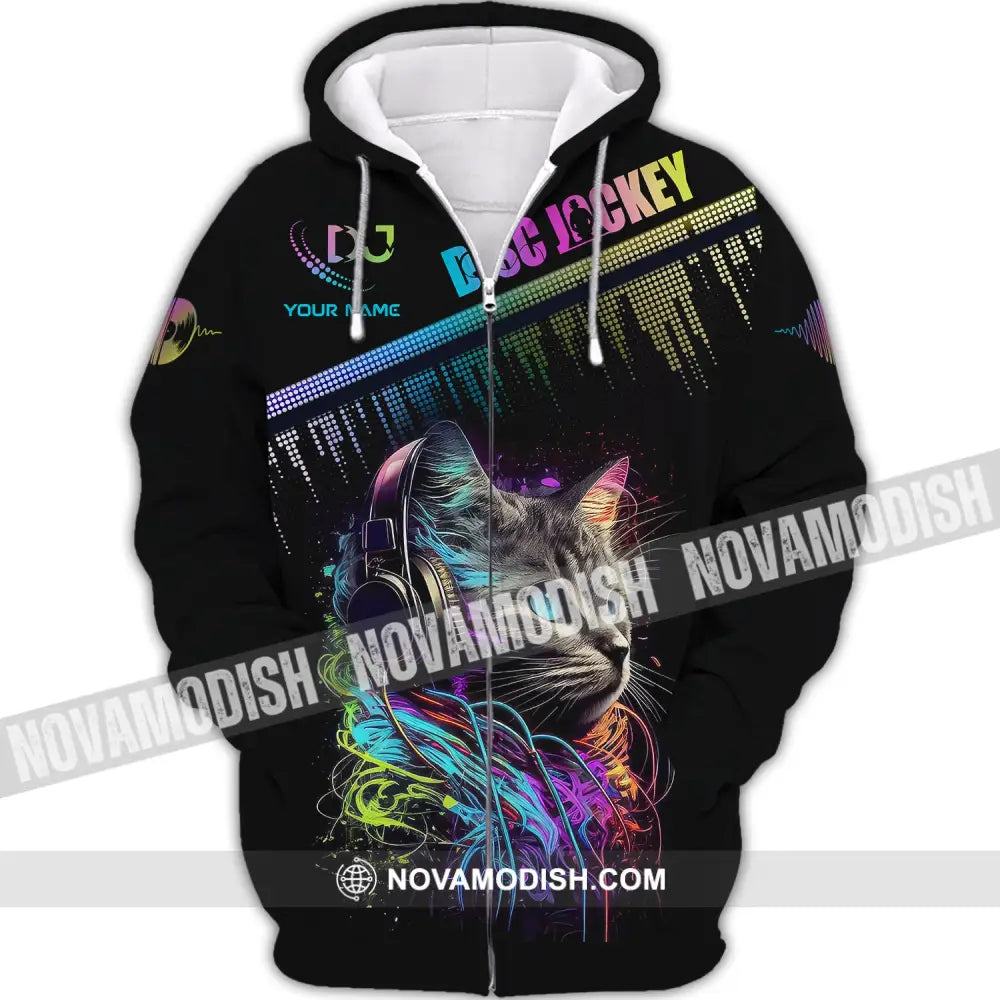Unisex Shirt Custom Name Disc Jockey T-Shirt Music Lover Dj Cat Gift For Zipper Hoodie / S