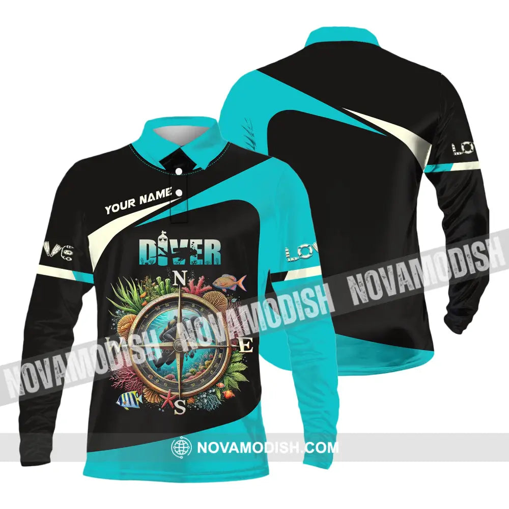 Unisex Shirt Custom Name Diver Diving Lover Apparel Gift For Divers Long Sleeve Polo / S T-Shirt
