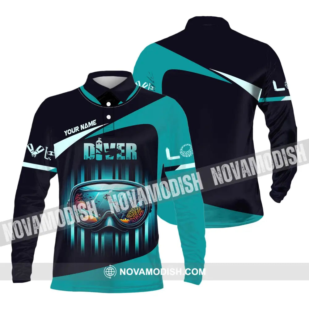Unisex Shirt Custom Name Diver Hoodie Polo Long Sleeve Gift For Diving Lover / S T-Shirt