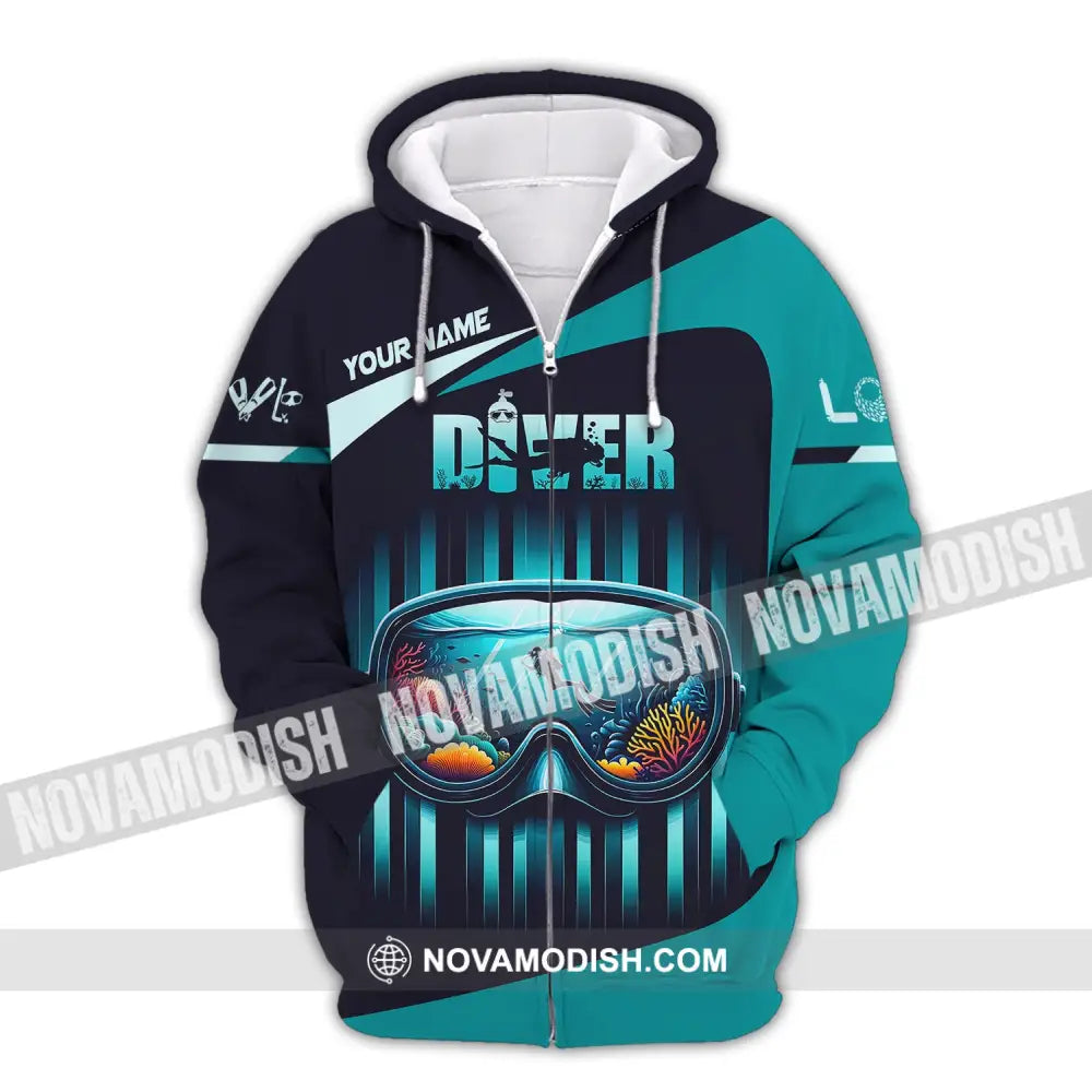 Unisex Shirt Custom Name Diver Hoodie Polo Long Sleeve Gift For Diving Lover Zipper / S T-Shirt