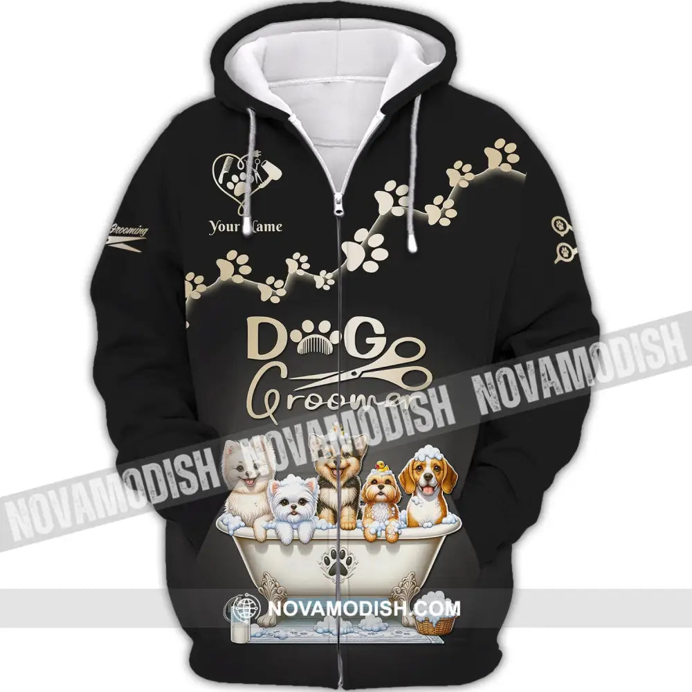 Unisex Shirt Custom Name Dog Groomer Grooming Salon For Groomers Zipper Hoodie / S T-Shirt