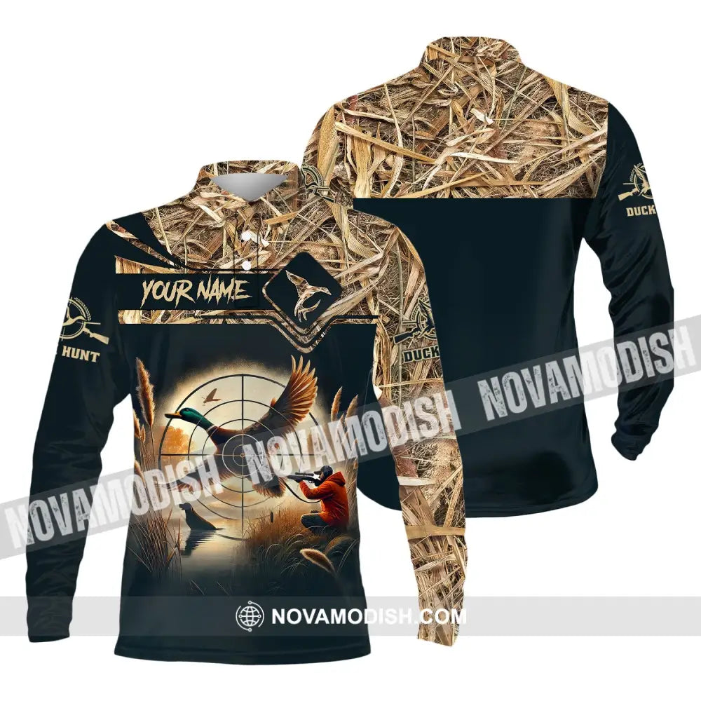 Unisex Shirt Custom Name Duck Hunter Hunting Polo Long Sleeve Animal T-Shirt / S T-Shirt