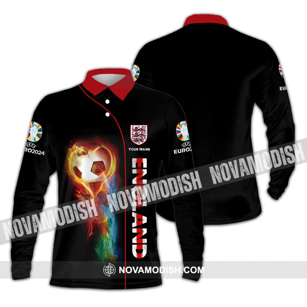 Unisex Shirt - Custom Name England Fire Ball Black Shirt Long Sleeve Polo / S T-shirt
