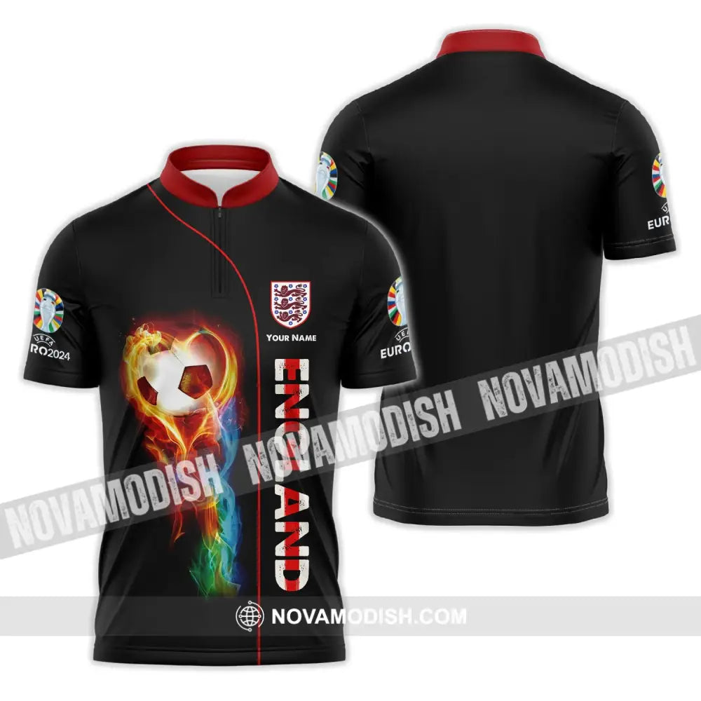 Unisex Shirt - Custom Name England Fire Ball Black Shirt Zipper Polo Shirt / S T-shirt