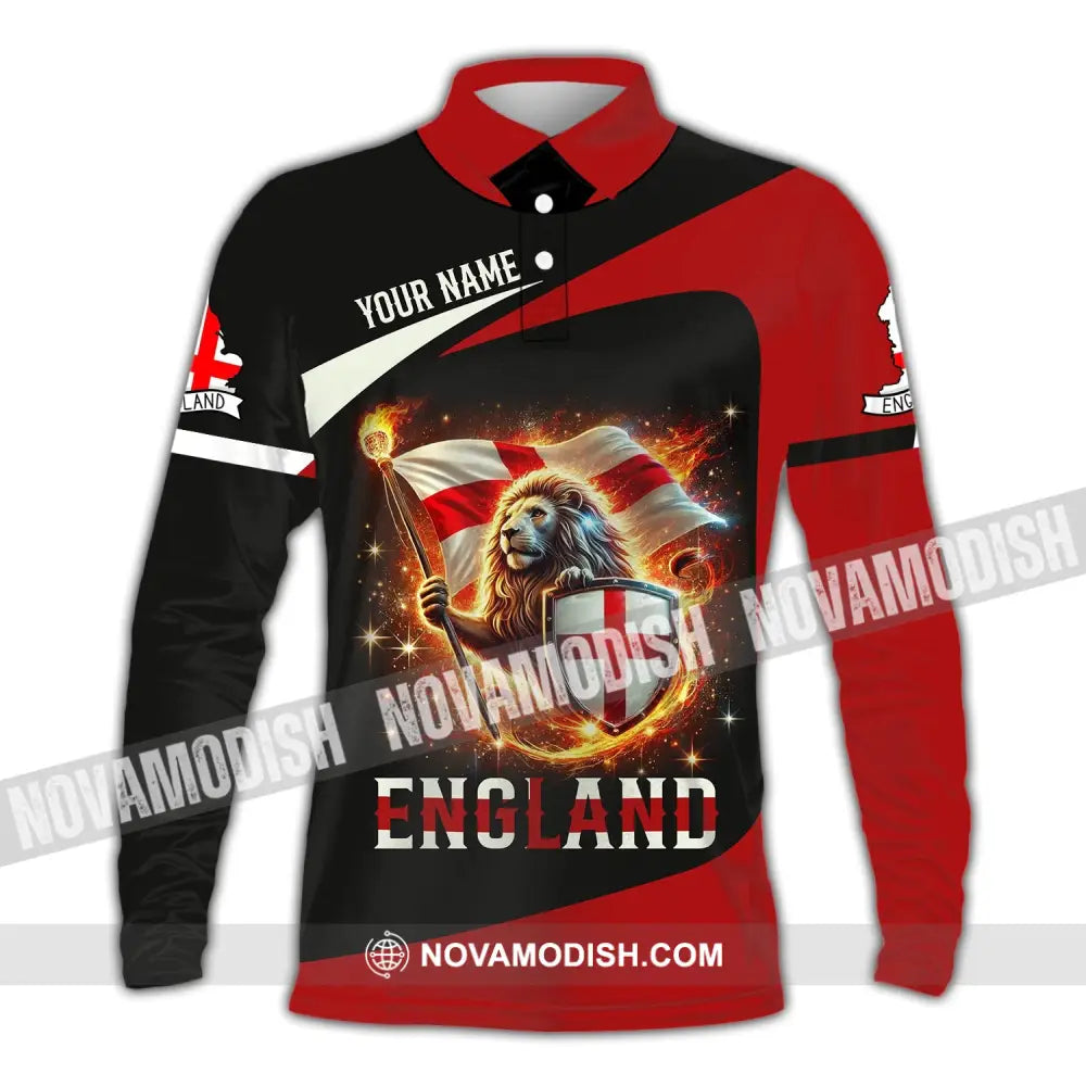 Unisex Shirt - Custom Name England Fire Lion Long Sleeve Polo / S T-Shirt