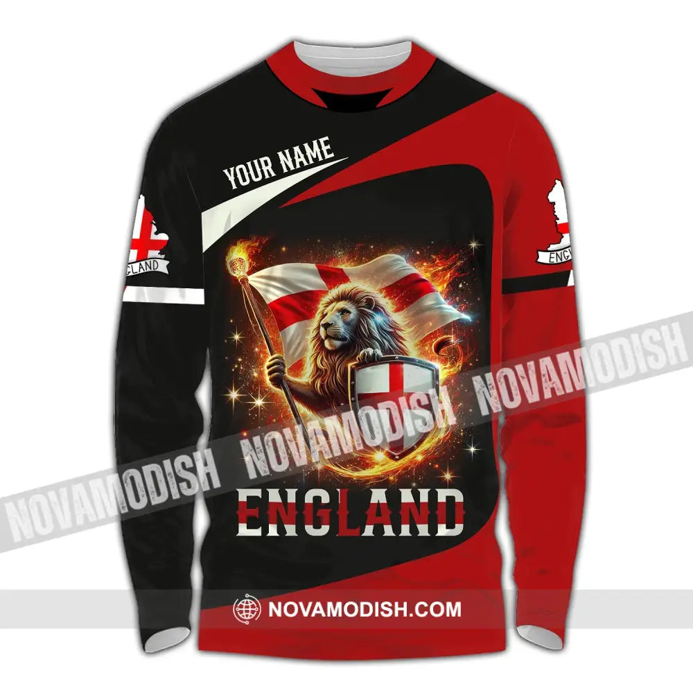 Unisex Shirt - Custom Name England Fire Lion Long Sleeve / S T-Shirt