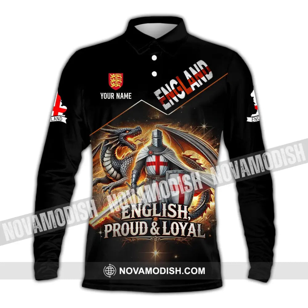 Unisex Shirt - Custom Name English Proud & Loyal Long Sleeve Polo / S T-Shirt