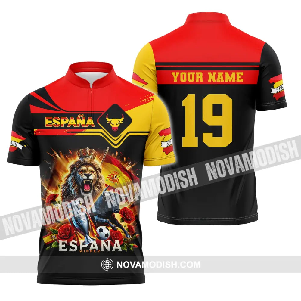 Unisex Shirt Custom Name España Football Polo Long Sleeve Soccer Lover Zipper / S T-Shirt