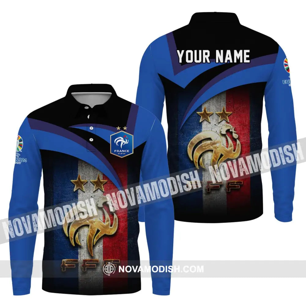 Unisex Shirt - Custom Name Euro 2024 France National Team FFF Long Sleeve Polo / S T-shirt