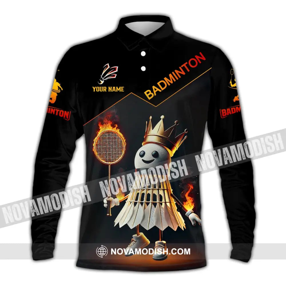 Unisex Shirt - Custom Name Fire Badminton Long Sleeve Polo / S T-Shirt