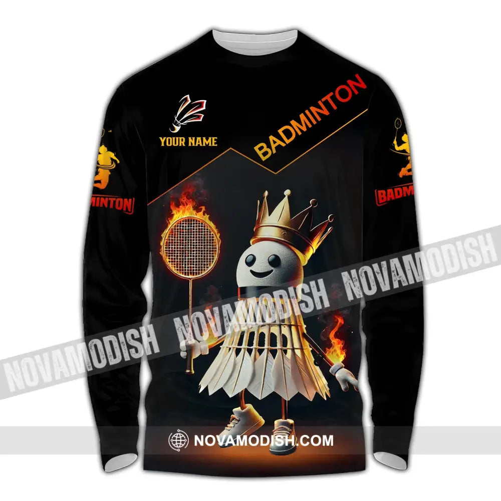 Unisex Shirt - Custom Name Fire Badminton Long Sleeve / S T-Shirt