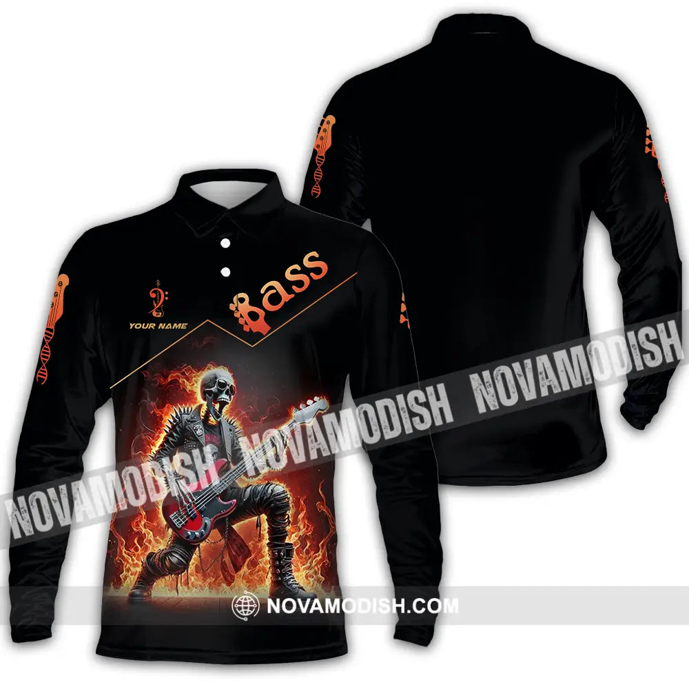 Unisex Shirt - Custom Name Fire Bass Long Sleeve Polo / S T-Shirt