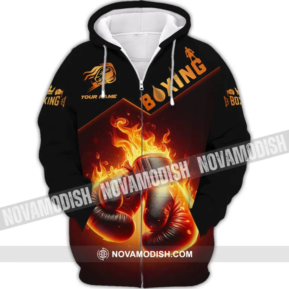 Unisex Shirt - Custom Name Shirt Fire Boxing Gloves Zipper Hoodie / S T-shirt